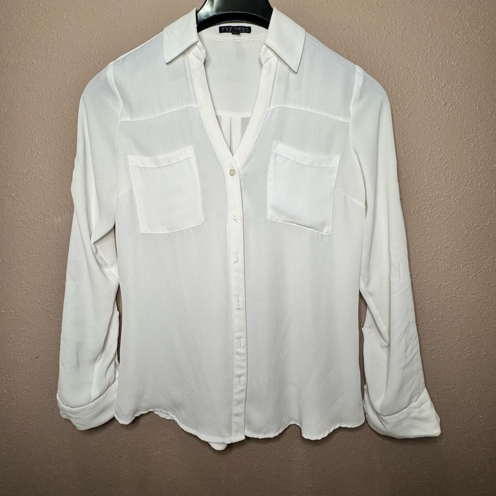 White Button-Up Blouse with 3/4 Button Sleeve option